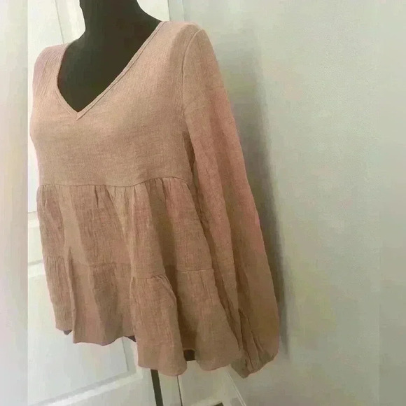 BiBi Women’s Small Peach‎ Crepe V Neck Long Sleeve Babydoll Ruffled Swing Blouse - Picture 4 of 11